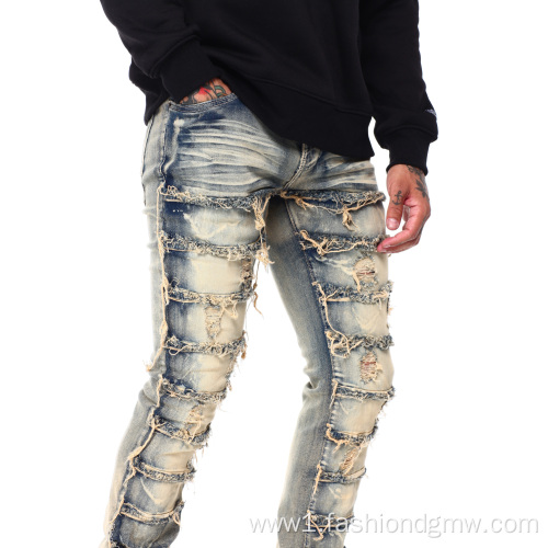 Custom Mens Stacked Slim Fit Distressed Denim Pants